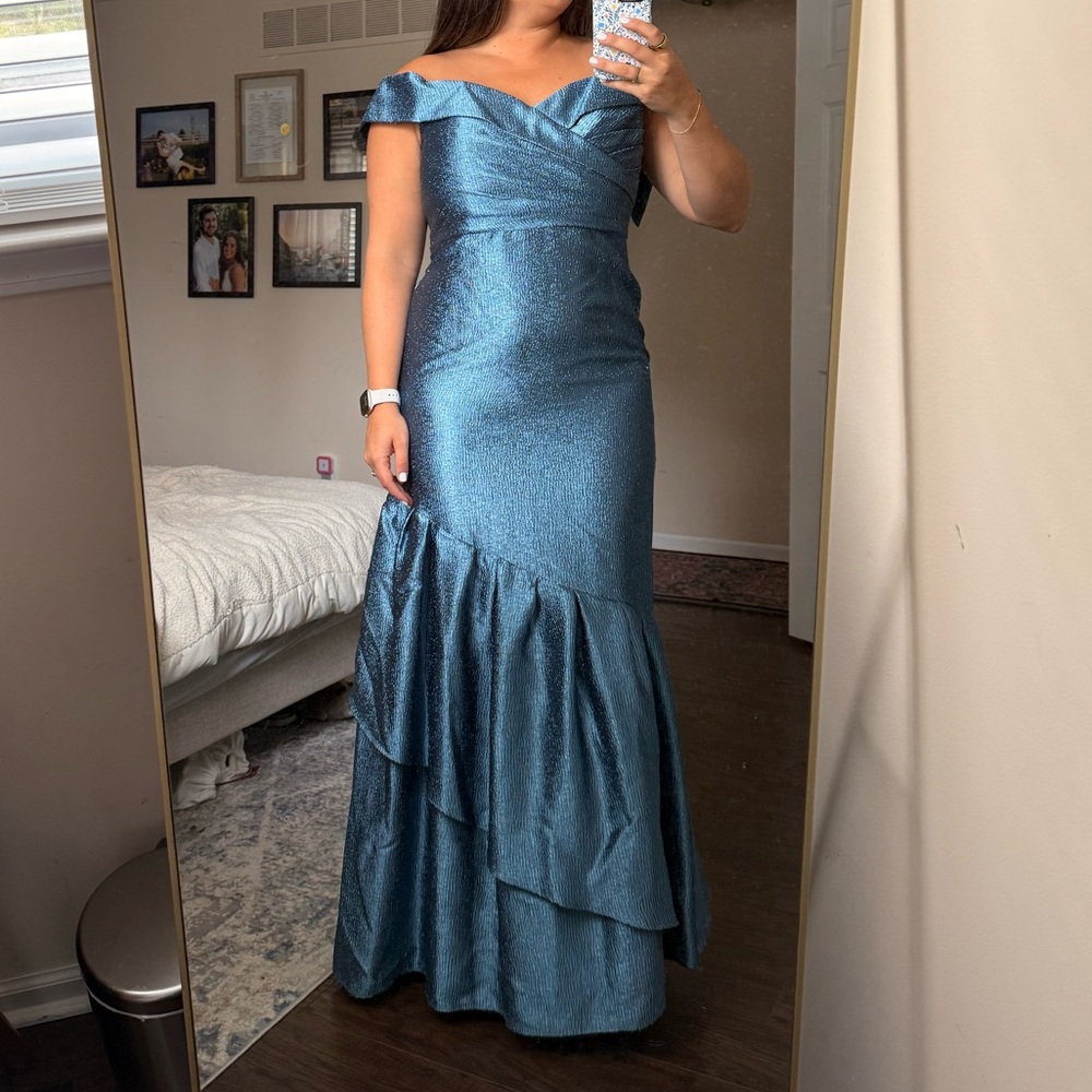 Aidan Mattox Blue Pleated Off-Shoulder Gown